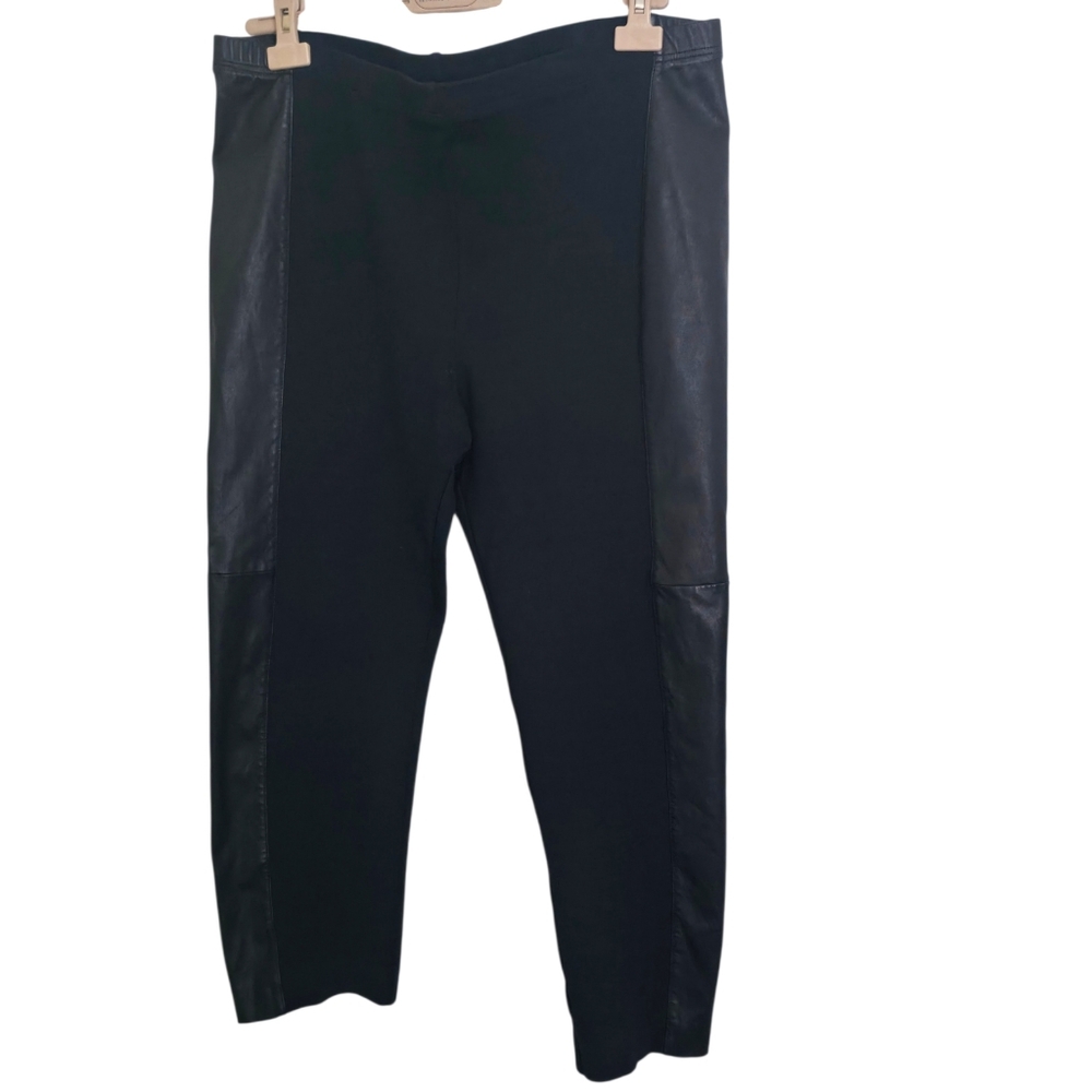 St. John Black Knit Pants Leather Panel Trim Elastic Waist Size 16 Made In USA
